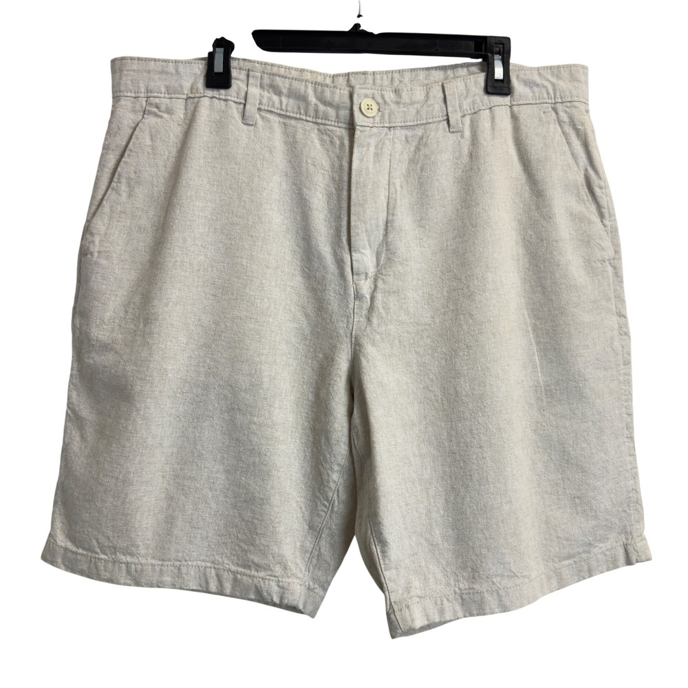 Calvin Klein Mens Size 38Linen Blend Shorts Beige Oatmeal Flat Front 9" Inseam